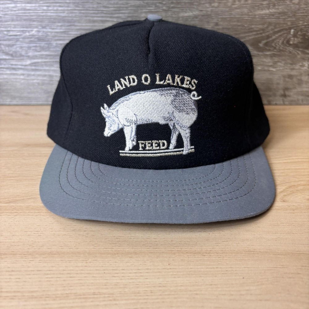 Vintage Land O Lakes Feed Hat Cap Snap Back Black Gray Pig Swingster
